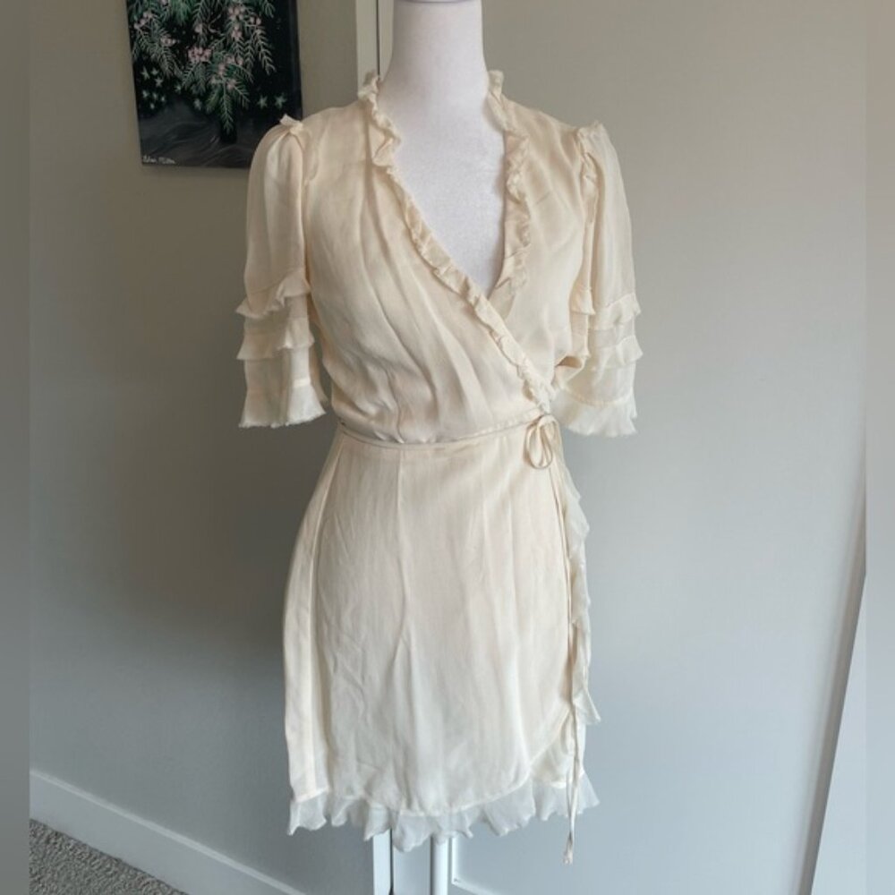 ivory reformation wrap frilly ruffle trim dress